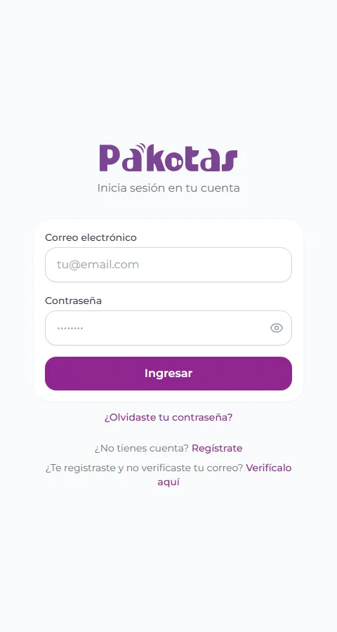 Pantalla de inicio de sesión de la app Pakotas